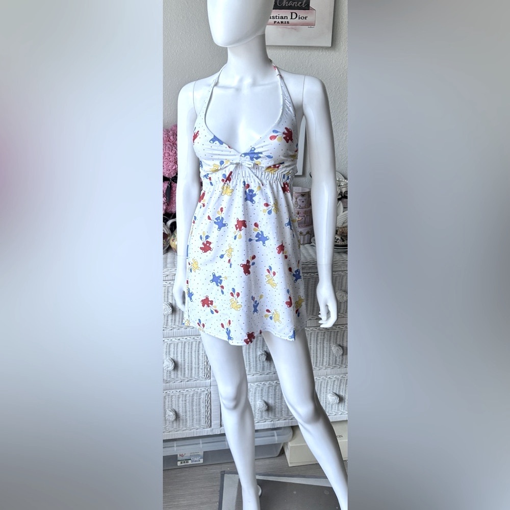 Vanessa Mooney Low Cut  Cover Up Teddy Bears in Red Yellow on White Size XS NWT